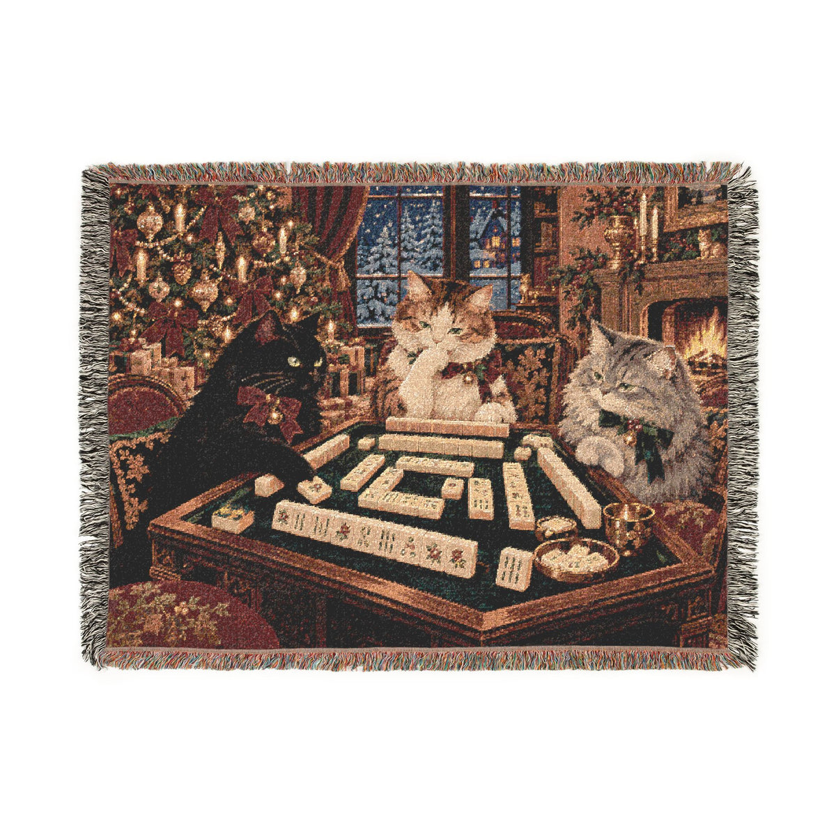 The Christmas Mahjong Cats Woven Blanket