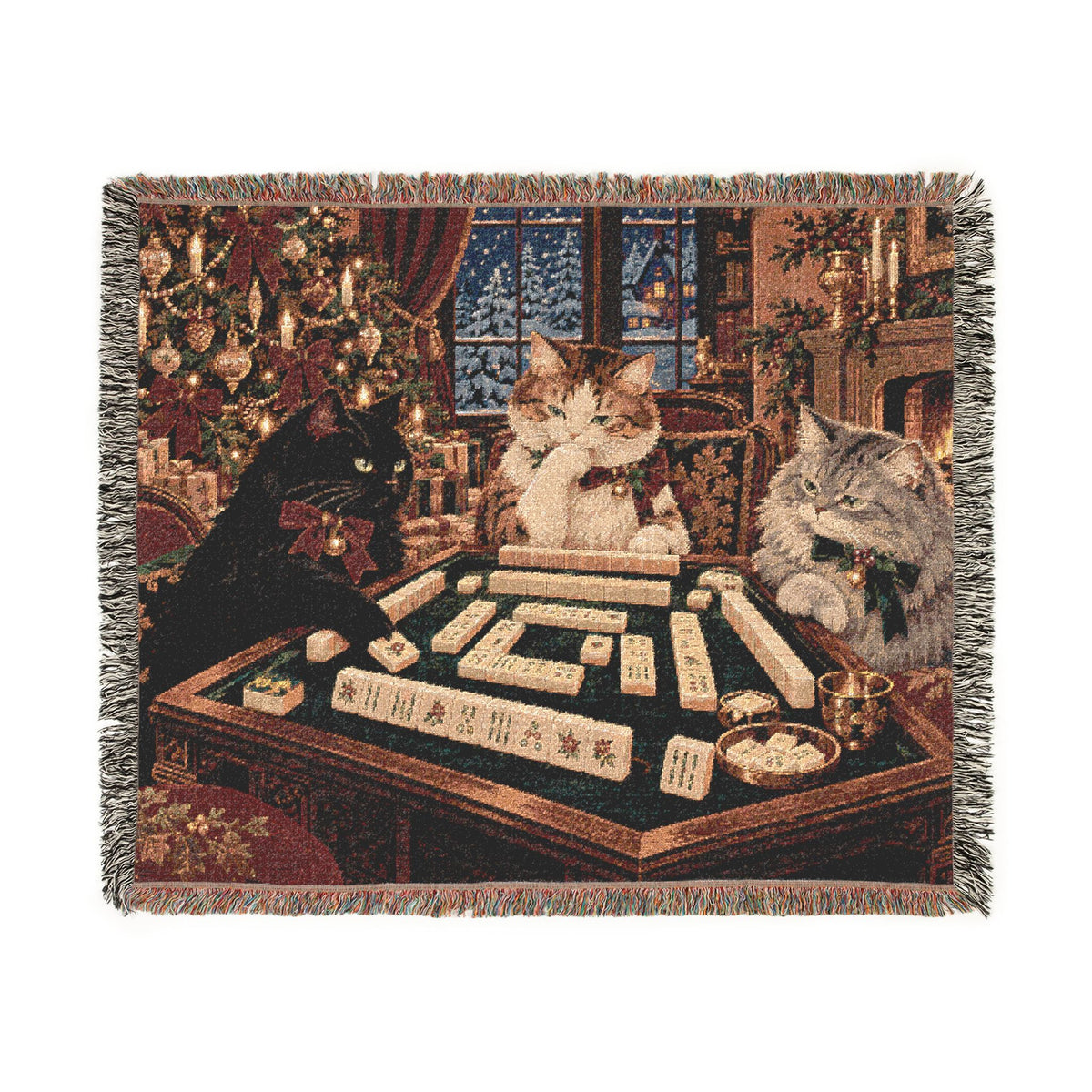 The Christmas Mahjong Cats Woven Blanket