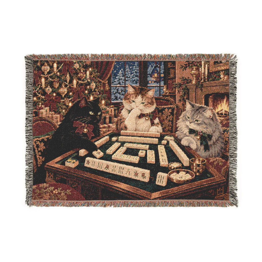 The Christmas Mahjong Cats Woven Blanket